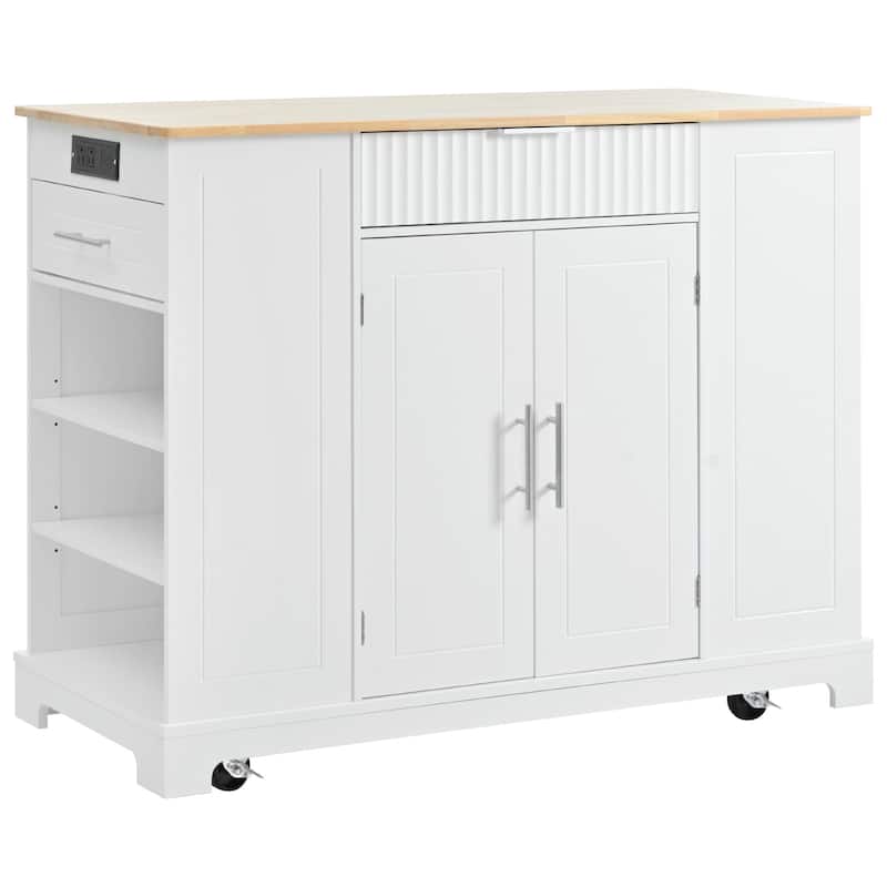 Fluted Kitchen Island with Trash Can Storage Cabinet,Power Outlet,Internal Storage Rack,3 Open Side Racks - White
