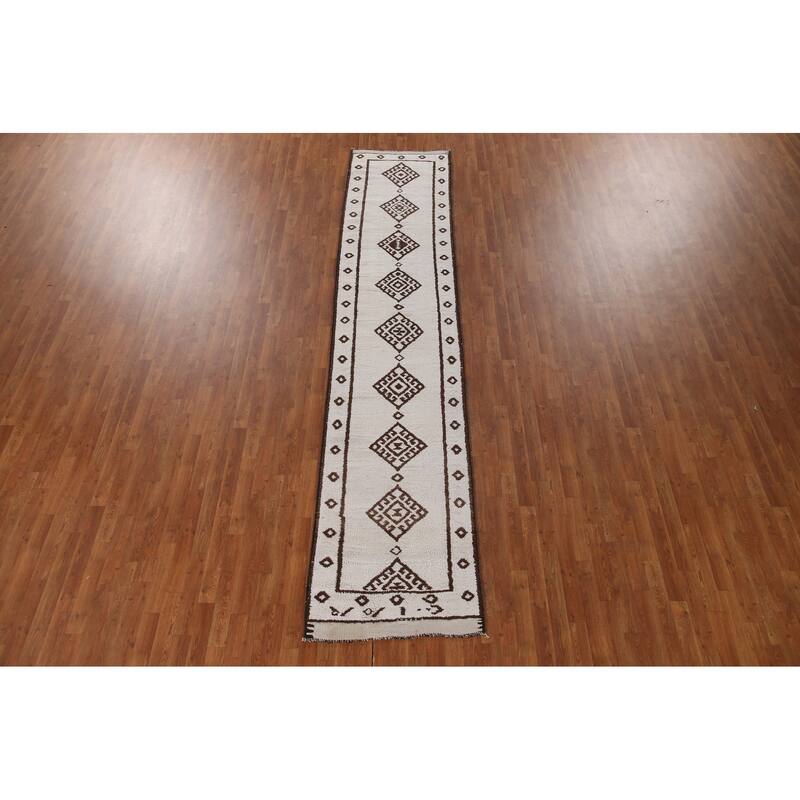 Geometric Beige Anatolian Turkish Runner Rug Handmade Wool Carpet - 2'8"x 12'11"