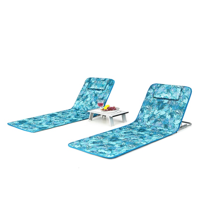 3 PCS Folding Beach Chairs Patio Adjustable Chaise Lounge with Table - Green