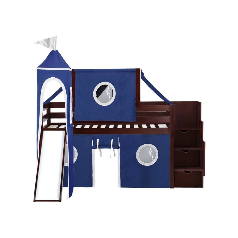 JACKPOT Prince & Princess Low Loft Twin Bed, Stairs Slide Tent & Tower