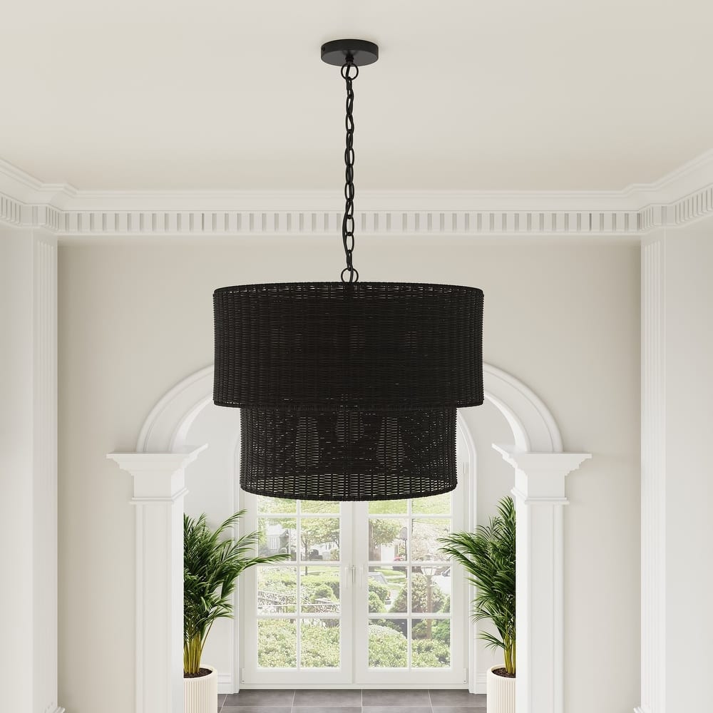 Farmhouse Matte Black Hand-Woven Rattan Craft Pendant Light