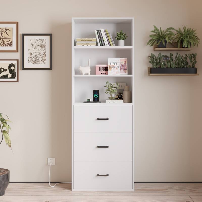 White Display Cabinet with 3-layer 3-drawer 2 USB 2 Outlet 70.86in.H - N/A