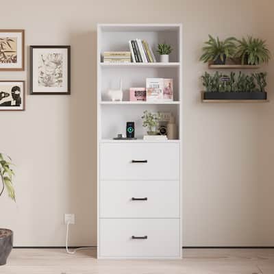 White Display Cabinet with 3-layer 3-drawer 2 USB 2 Outlet 70.86in.H - N/A