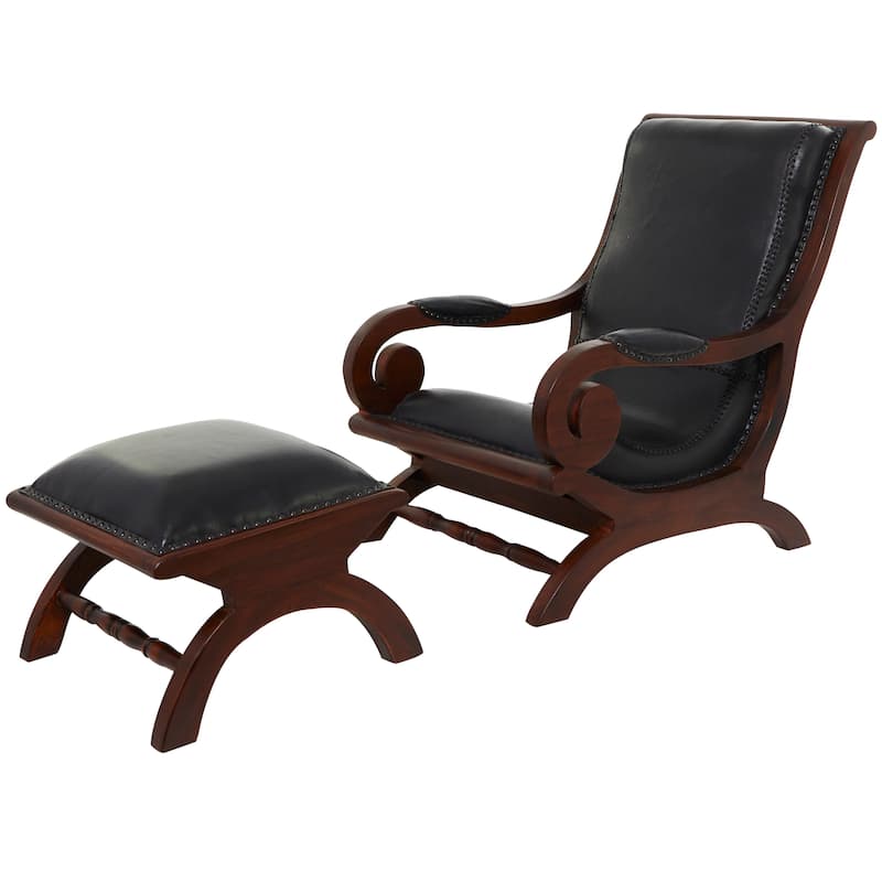 Leather Handmade Accent Chair with Ottoman with Scrolled Wood Arms and Arched Legs - Brown or Black - Roche River Decor