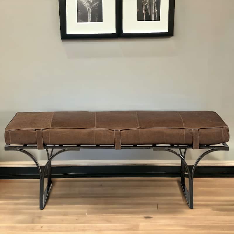 HomeRoots 55" Brown and Black Upholstered Genuine Leather Bench - 55 - 55
