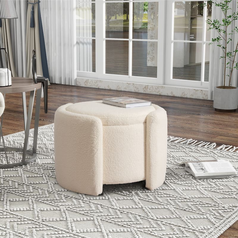 Round Ottoman teddy fleece cushioned footpads living room and bedroom footstool with storage space