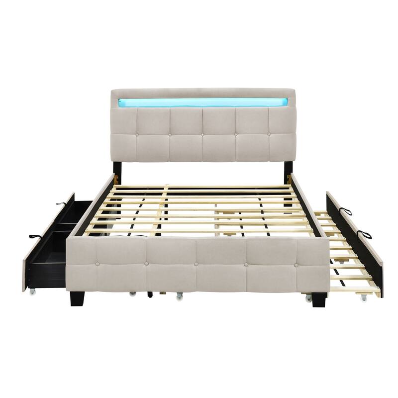 Queen Size Upholstered Platform Bed with LED Frame,with Twin XL Size Trundle