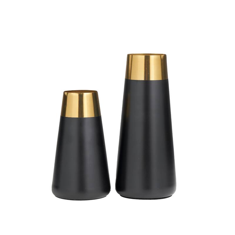 Stainless Steel Metal Vase with Gold Rims - Set of 2 Black - Roche River Decor - 5"W x 5"L x 11"H