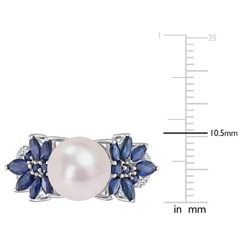 Miadora 9-9.5mm Cultured Freshwater Pearl 3/8ct TGW Sapphire 1/8ct TW Diamond Ring in 14k White Gold