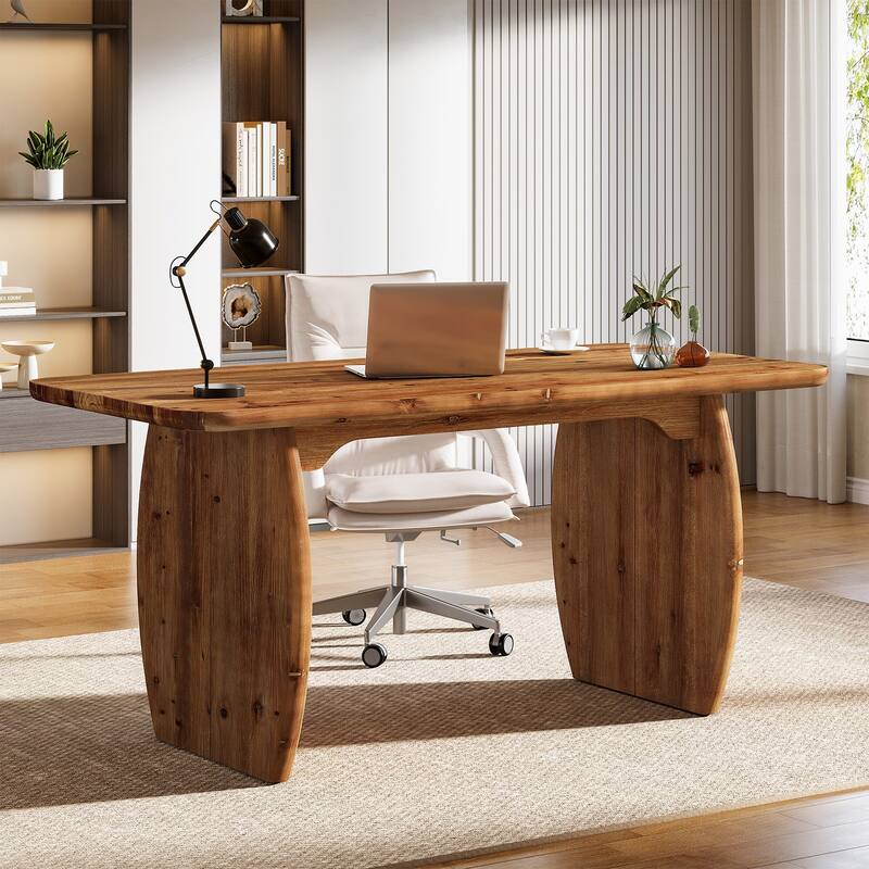 63'' Solid Wood Executive Desk, Large Office Computer Desk with Sturdy Wood Legs