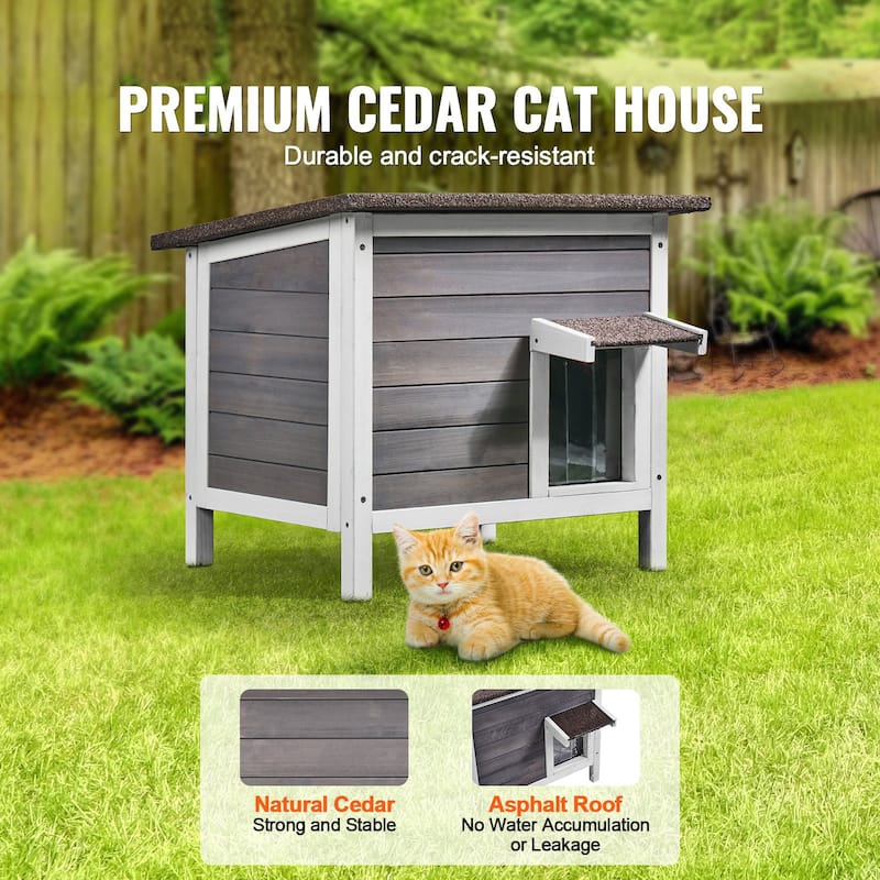 Grey Wooden Cat House with Asphalt Sloped Roof and PVC Flaps Door Suitable for Indoor or Outdoor - 24” x 20” x 21”