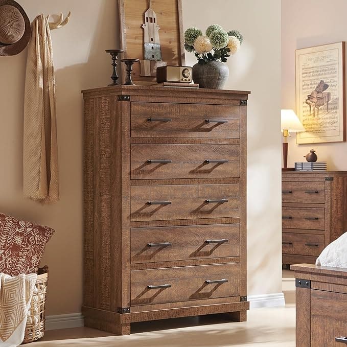 Farmhouse 5 Drawers Dresser, Wood Chest of Drawers, Closet Dresser