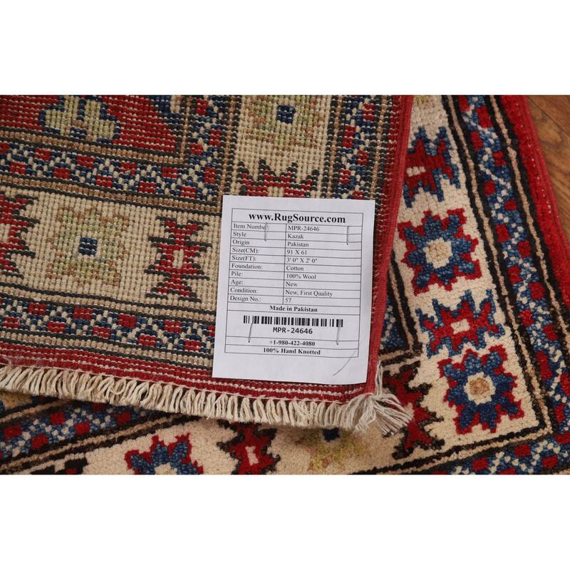Geometric Kazak Rug Hand-Knotted Traditional Red Wool Carpet - 2'0"x 3'0"