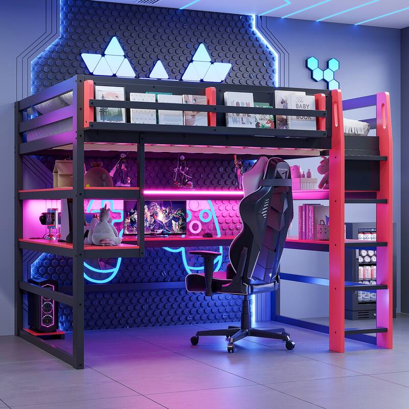 Loft Bed with Wraparound Study Hub, Side Storage Rack, USB Charging & RGB Light by Harper&Bright Designs - Red - Twin