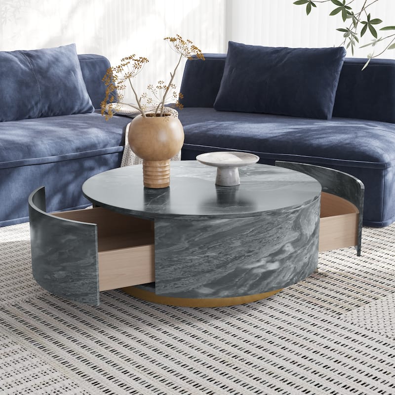 33.5 in Round Marble Top Modern Minimalist Coffee Table with Drawers - Brown