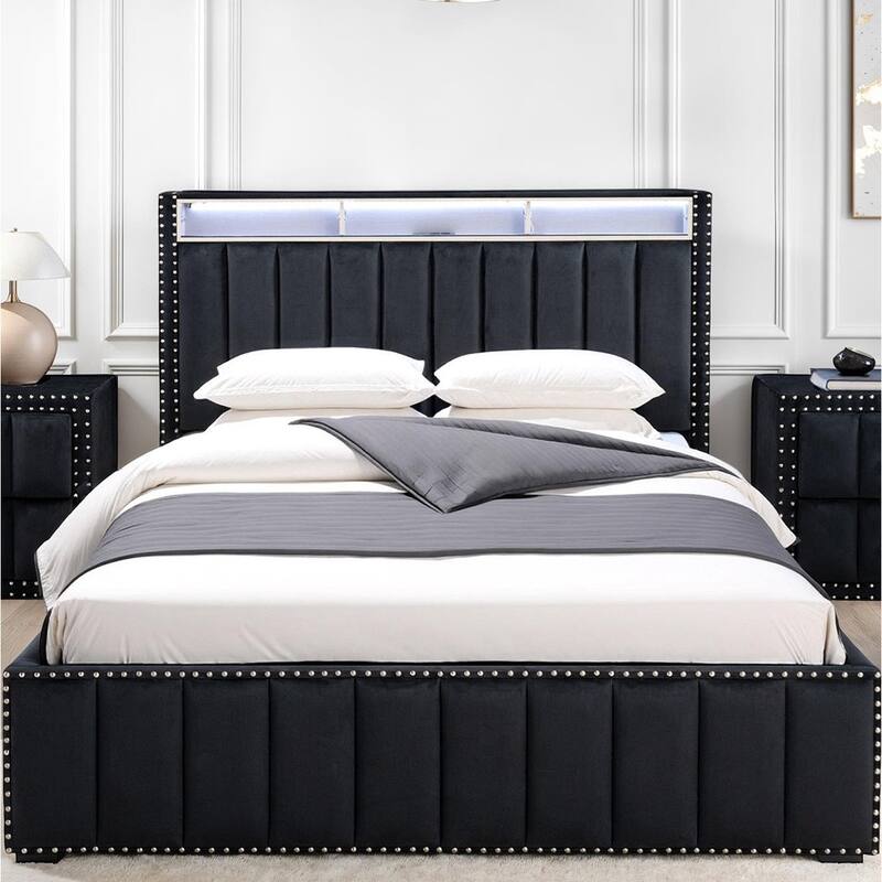 Contemporary Black Finish Upholstered LED Platform Bed 1PC