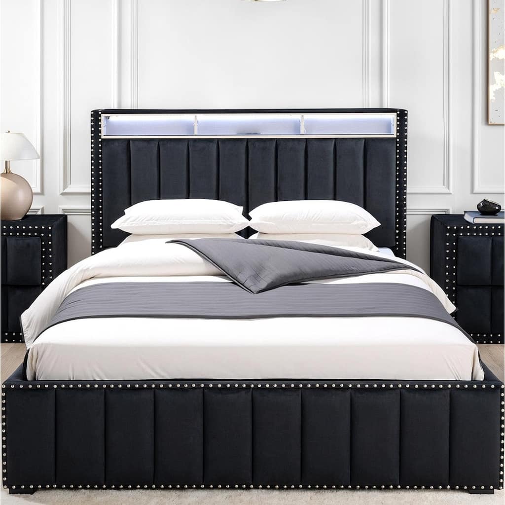 Contemporary Black Finish Upholstered LED Platform Bed 1PC