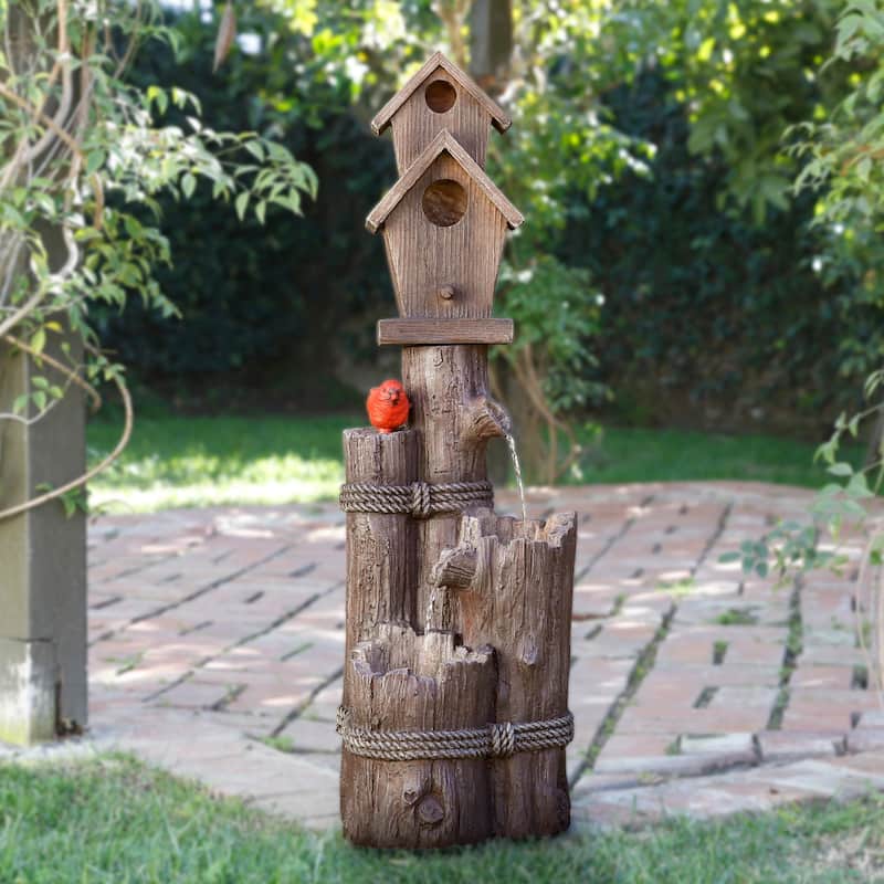 Alpine Corporation WCT2002 35" Brown Outdoor 3 Tier Birdhouse Water Fountain with Cardinal Sculptures