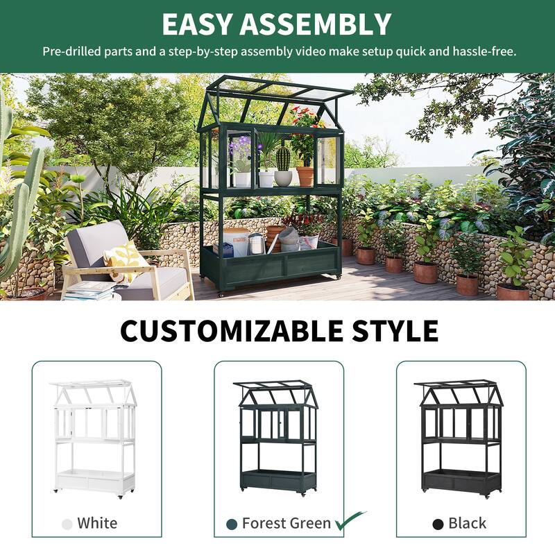 Garden Wood Portable Cold Frame with Movable Wheels Mini Greenhouse with Openable Roof and Storage Box