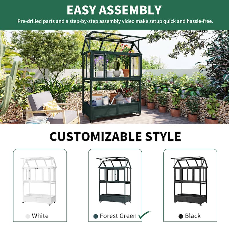 Roomfitters Portable Wooden Cold Frame Greenhouse with Wheels, Openable Roof and Storage Box for Garden Plants