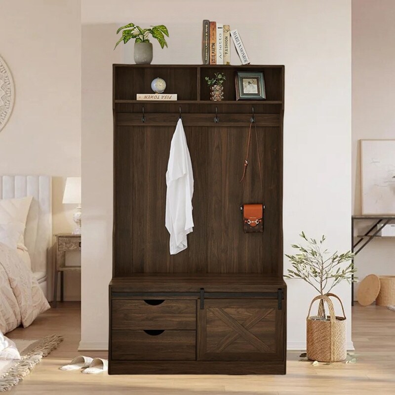 Farmhouse Hall Tree with Coat Rack and Storage Bench, Entryway