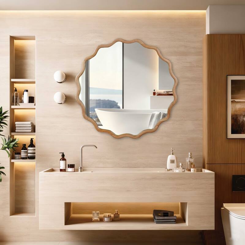 GDFStudio - Linea Luxury Modern Wavy Round Wall Decorative Mirror with Solid Wood Frame & Organic Flow Design