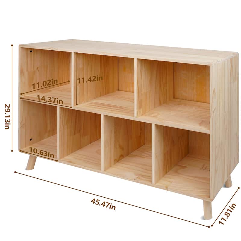 Solid Pine Wood 7-Compartment Storage Cabinet, 45.5"L x 29.1"H Fixed Shelves Organizer, Multi-Compartment Cabinet