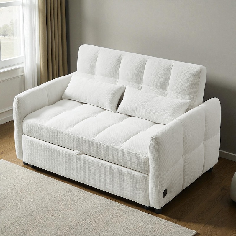 52.8" Loveseat Pull-Out Sleeper Sofa Bed with Adjustable Backrest, USB Ports and Pillows, Tufted Chenille Sofa - Beige
