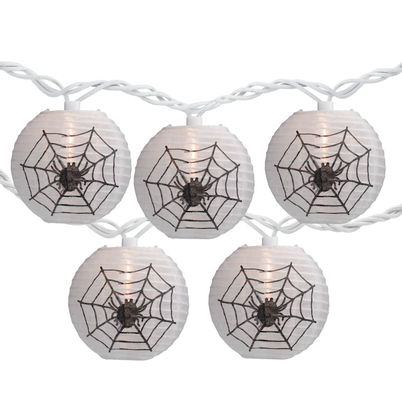 10ct Black Spider Web Paper Lantern Halloween Lights 8.5ft White Wire