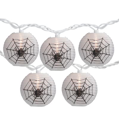 10ct Black Spider Web Paper Lantern Halloween Lights 8.5ft White Wire
