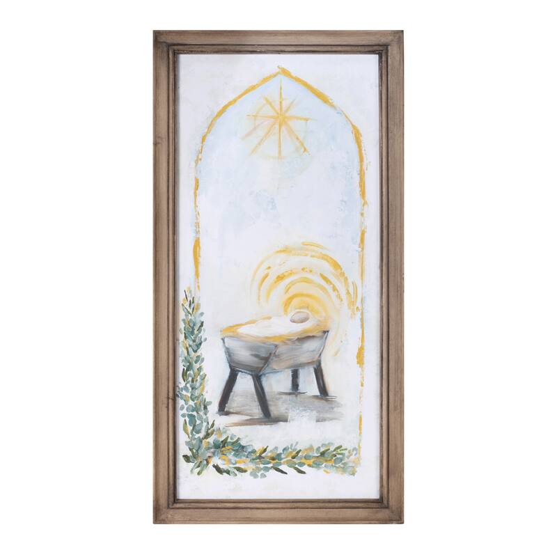 Christmas Baby Jesus Manger Wall Art with Wooden Frame and Bright North Star for Holiday Home Decor - 12”L x 0.5”W x 23.75”H