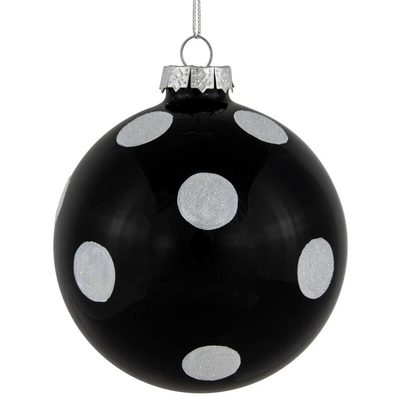 2 Black White Glittered Polka Dot Glass Christmas Ball Ornaments 4"
