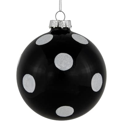 2 Black White Glittered Polka Dot Glass Christmas Ball Ornaments 4"