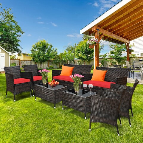 Gymax 8PCS Patio Rattan Conversation Furniture Set Outdoor w/ Red - See details