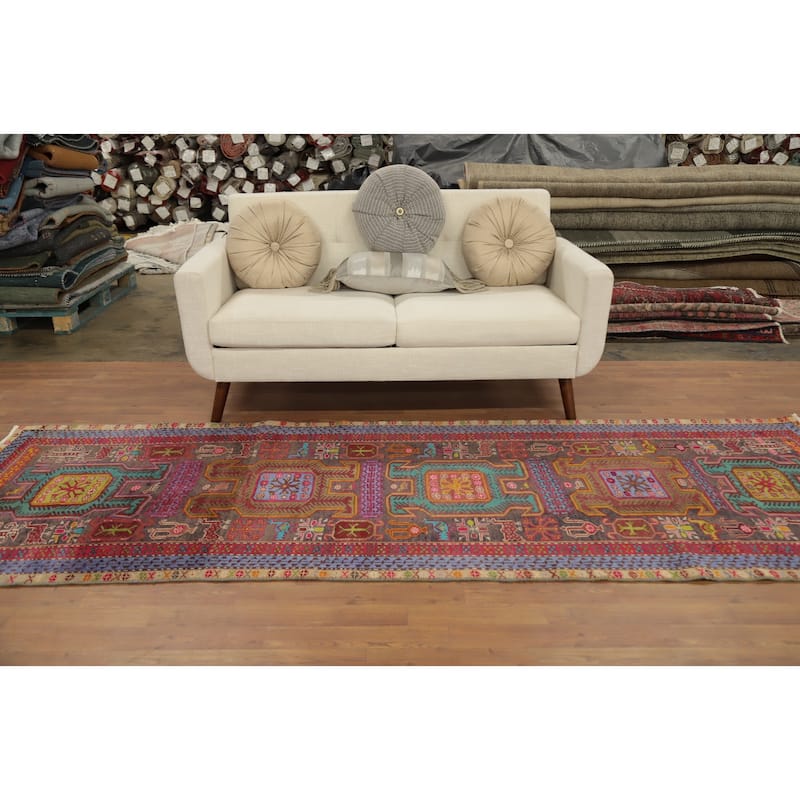 Hand Knotted Oriental 100% Wool Carpet Traditional Tribal Multi-Colored Heriz Runner Rug - 10' 2'' X 3' 5''