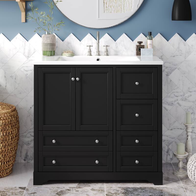 36inch Bathroom Vanity with Sink, Solid Wood Freestanding Bathroom Vanities with 4 Storage Drawers and Shelf - Black