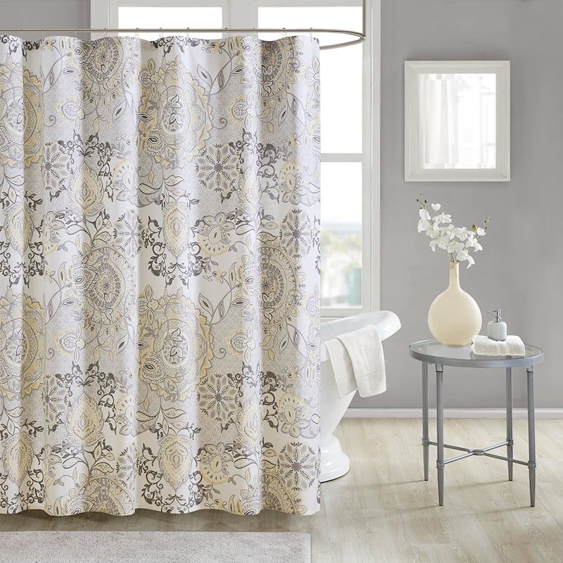 Shabby Chic Floral Printed Cotton Shower Curtain - Yellow