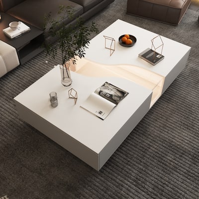 Storage Masterpiece Contemporary White Coffee Table Colorful LED Edge - 55.1"W