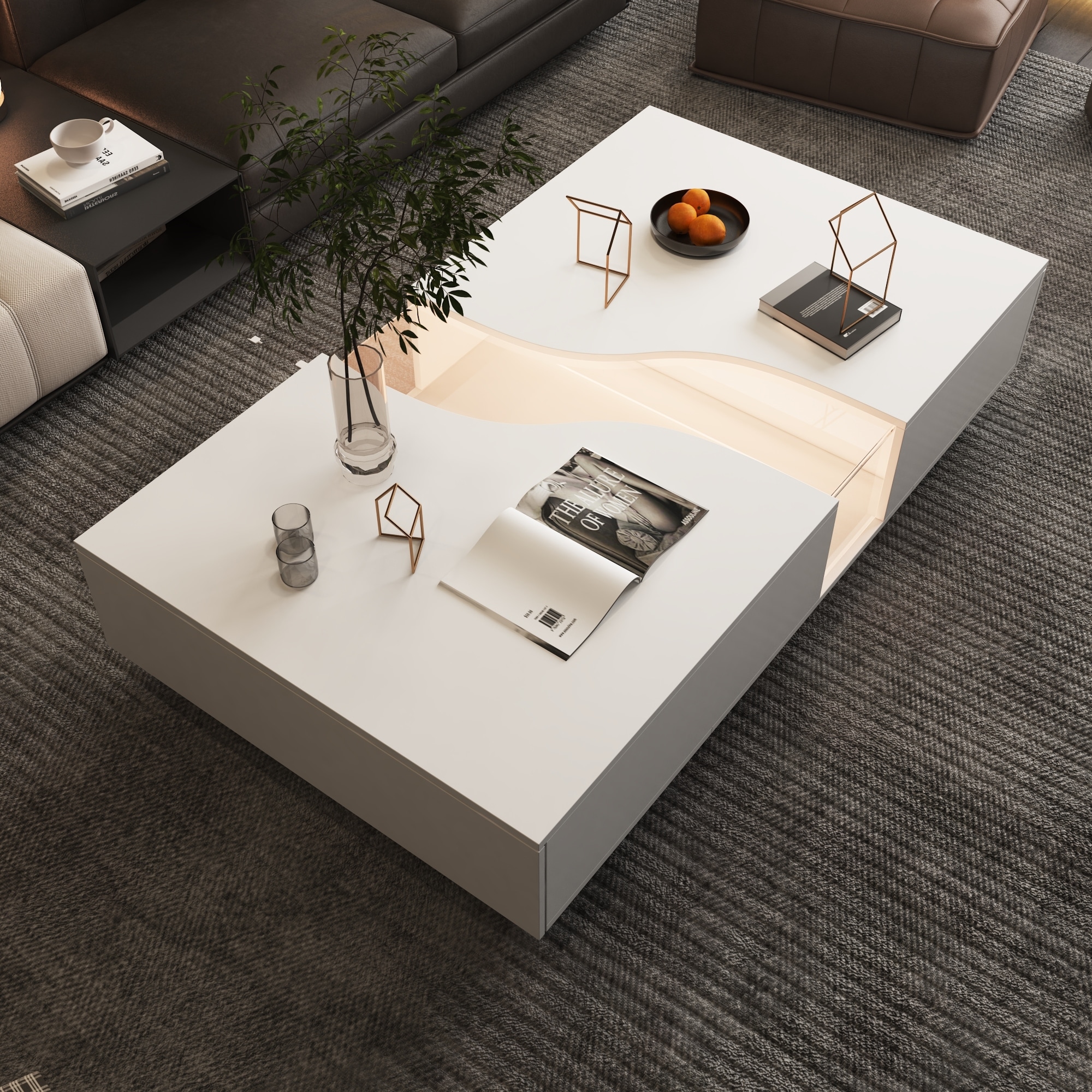 Storage Masterpiece Contemporary White Coffee Table Colorful LED Edge - 55.1"W