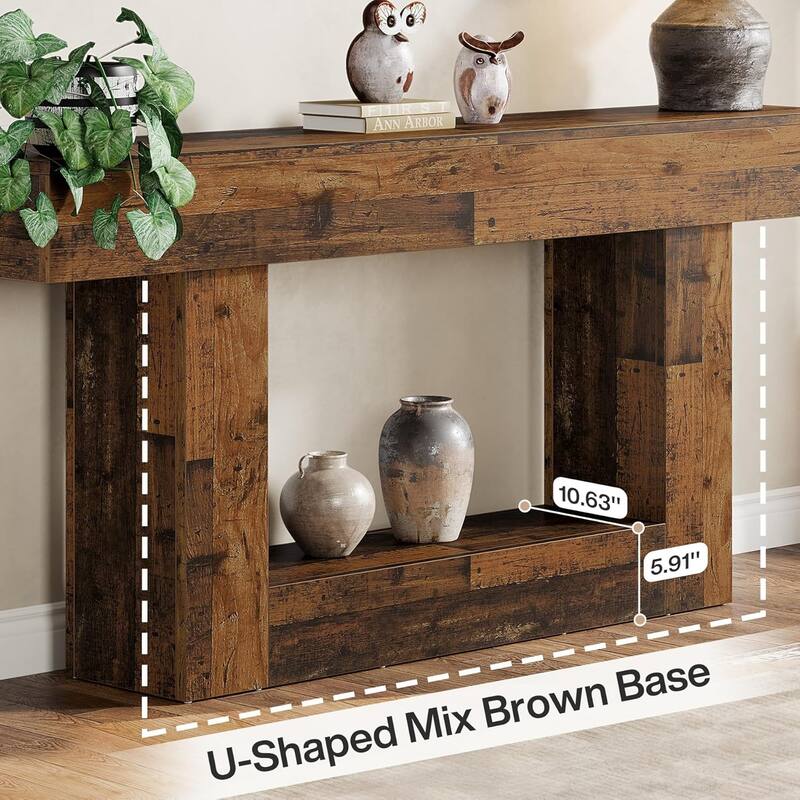 63 Inches Brown/ Gray Wood Hallway Table, Farmhouse Console Table for Entryway
