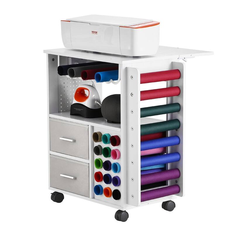 Rolling Craft Cart with 15 Vinyl Roll Holders and 2 Drawers, White - 23.62” x 26.46” x 30.43”