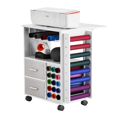 Rolling Craft Cart with 15 Vinyl Roll Holders and 2 Drawers, White - 23.62” x 26.46” x 30.43”