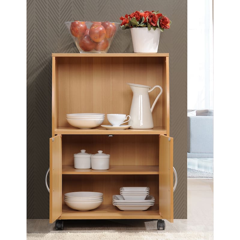 Hodedah Wooden Mini Wheeled Microwave Island Cart with Cabinet Storage, Beech - 33.07