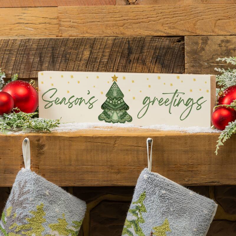 Shades of Green Mantel Sign - "Seasons Greetings" - 18" x 5" - Multicolor