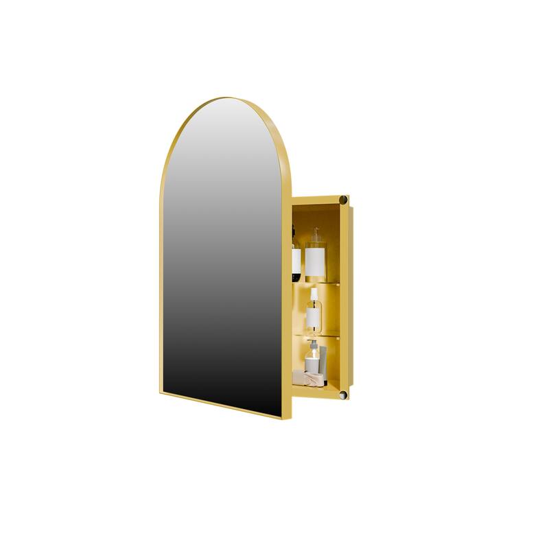 18x24 Inch Metal Corner Medicine Cabinet with Arched Mirror, Adjustable Glass Shelves, Space-Saving Bathroom Storage