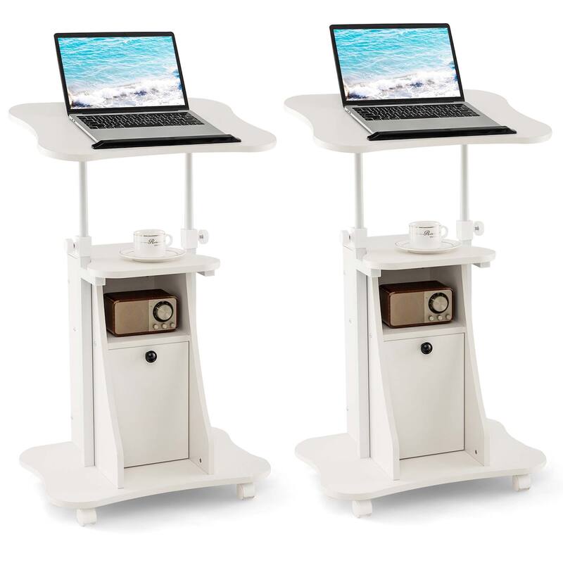 Costway 2 PCS Mobile Podium Stand Office Laptop Cart with Storage - White - 21.5'' x 15.5'' x 27-45''