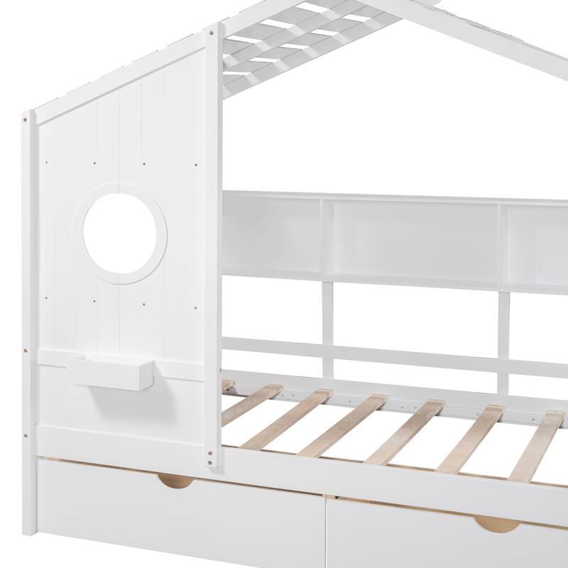 Twin Size House Bed with 2 Drawers and Storage Shelf, White