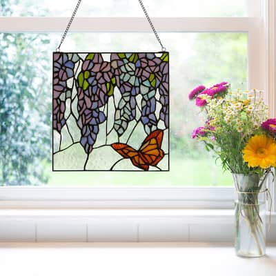Purple Wisteria Flowers and Orange Monarch Butterfly River of Goods Multicolored Stained Glass Window Panel - 12" x 0.25" x 12"