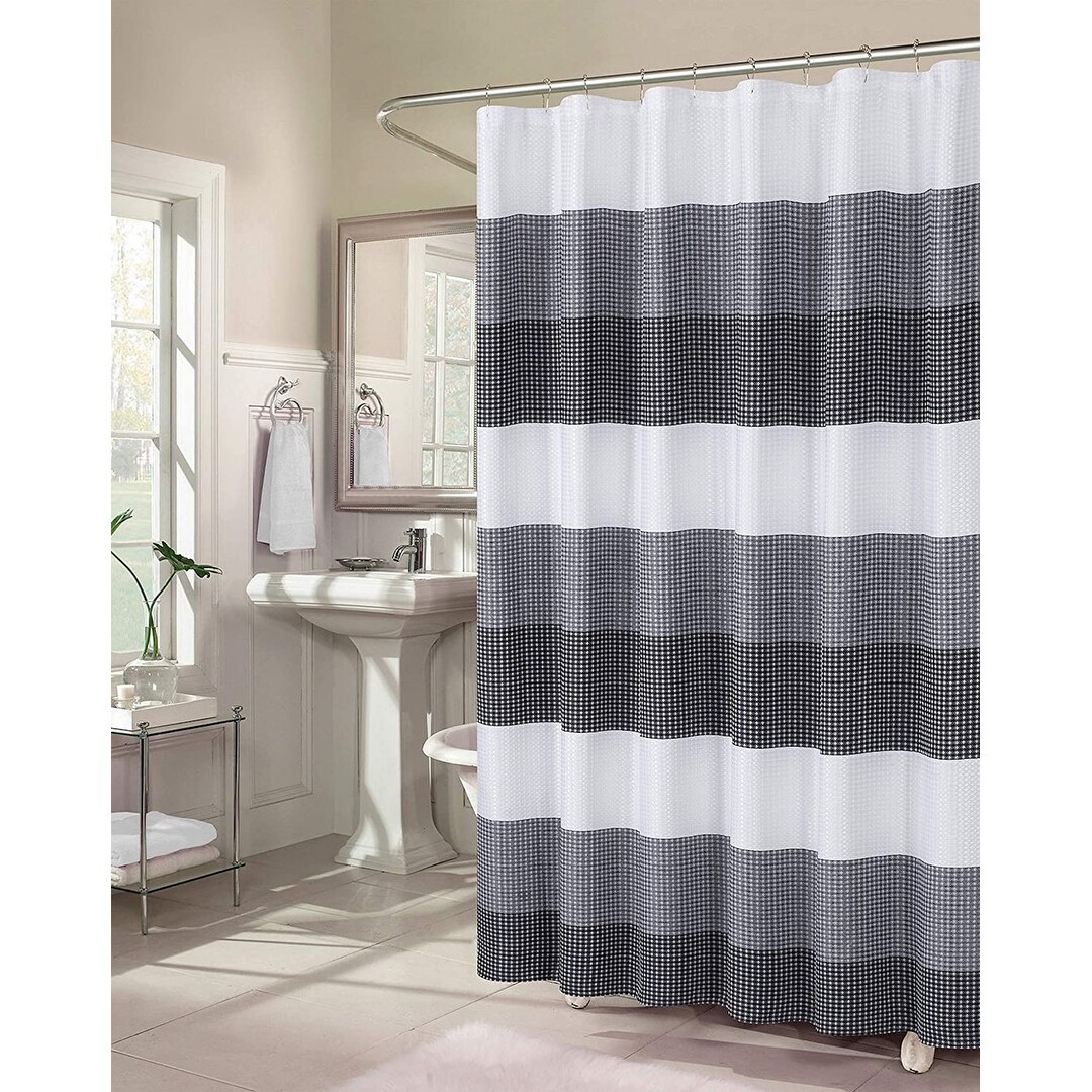 Hookless Monterey 3-in-1 Fabric Shower Curtain with Sheer Top Window, Flex-on Rings & PEVA Liner
