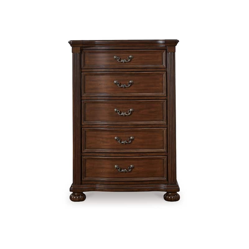 Laon Tall Dresser Chest, 5 Drawer Cherry Brown Solid Hardwood, 51 Inch